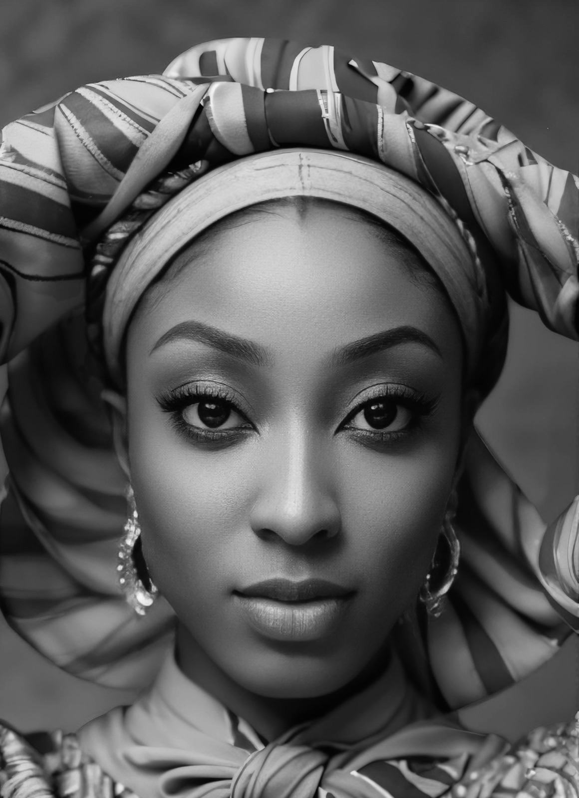 Black-and-white portrait of Serah Ibrahim in a gele and statement earrings